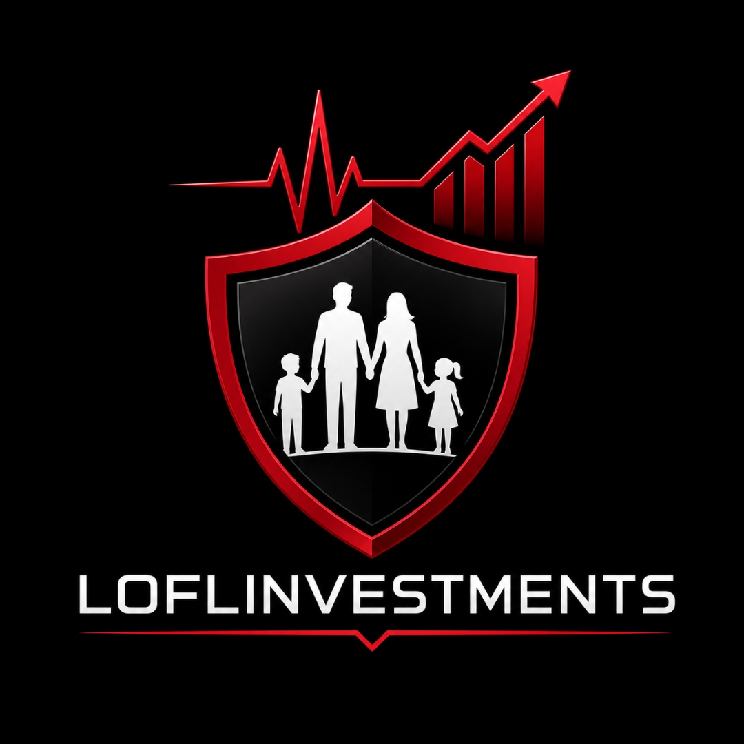 LOFLINVESTMENTS logo — shield with family, heartbeat, and growth chart